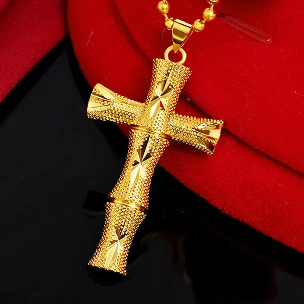 Ciondolo croce di bambù con catena a onde per donna uomo ragazza gioielli classici di moda riempiti in oro giallo 18 carati