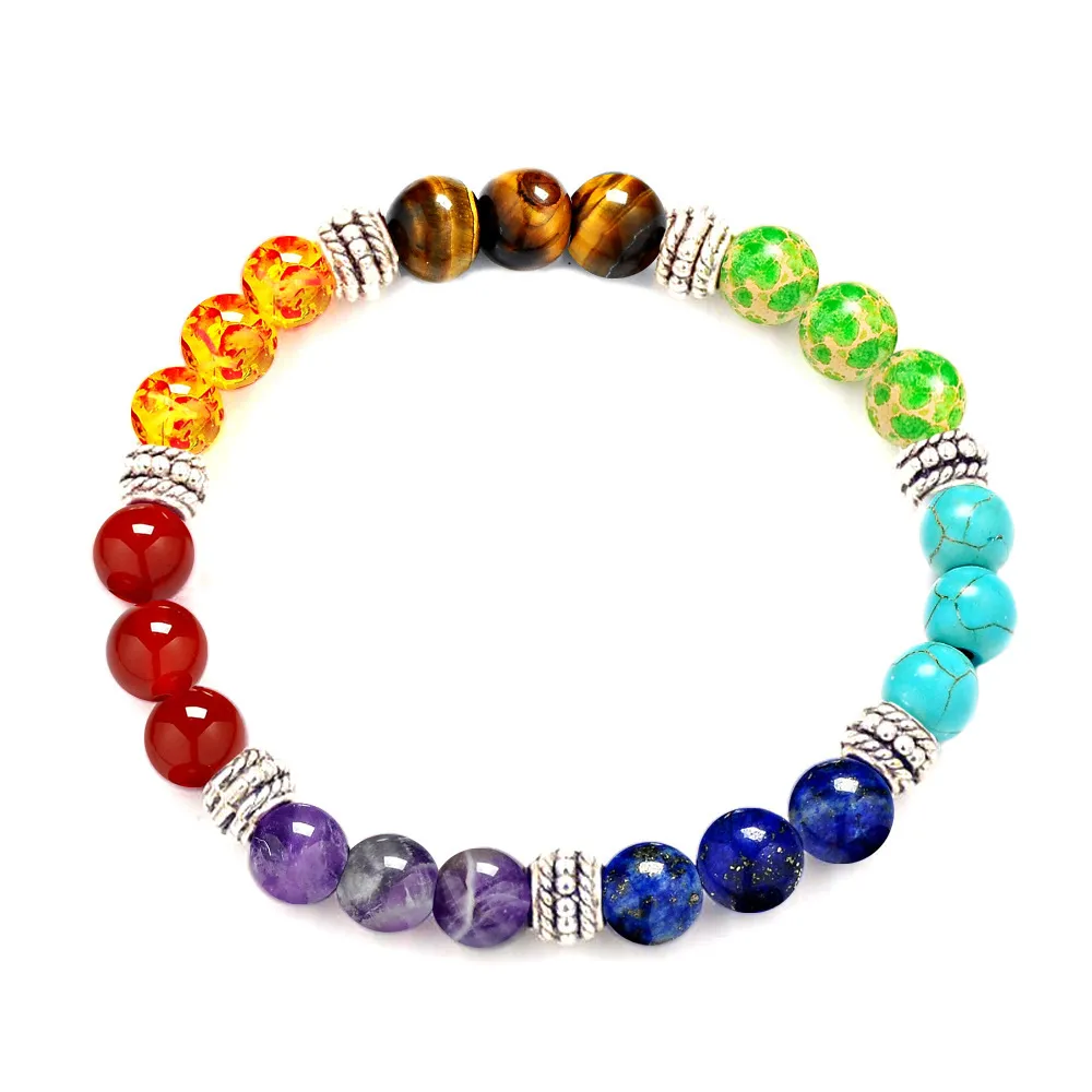 8mm Beads Stone Agate Tiger Stone Seven Pulse Wheel Bracelet Yoga Chakra Amethyst Energy Stone Bracelet Jewelry