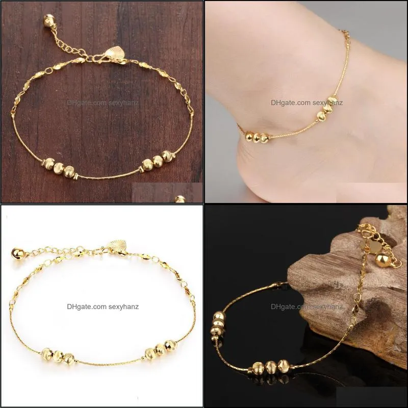 Anklets Lucky Beads Anklet Bracelet For Girls/women Yellow Gold Filled Heart Shaped Bell Foot Chain Fine Jewelry