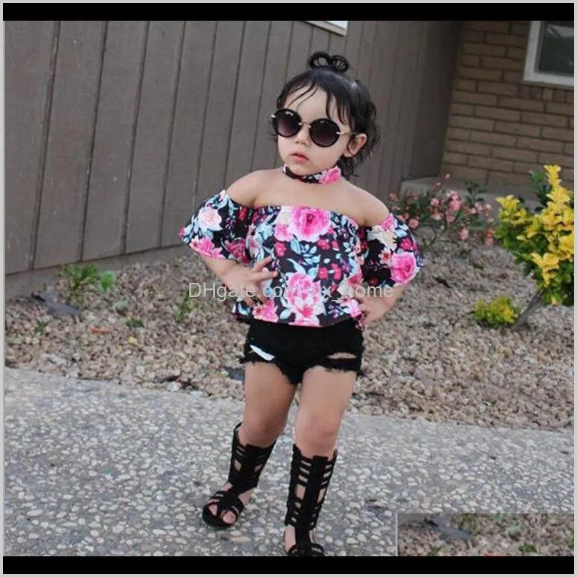 Enfant en bas âge bébé filles hors épaule hauts chemise Floral trou Shorts tenues enfants fille vêtements d'été costume Cqwm7 Iuuyr