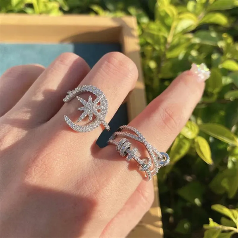 Ins En Satmak Alyans Basit Moda Takı 925 Ayar Gümüş Açacağı Beyaz Safir Sonsuzluk CZ Elmas Gemstones Ay Yıldız Kadın Band Yüzük Lover Hediye