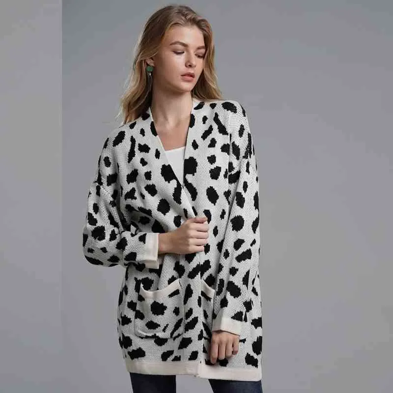 Women's Cardigan Sweater Autumn Medium Long Loose Leopard Bat Sleeve Jacket 210527