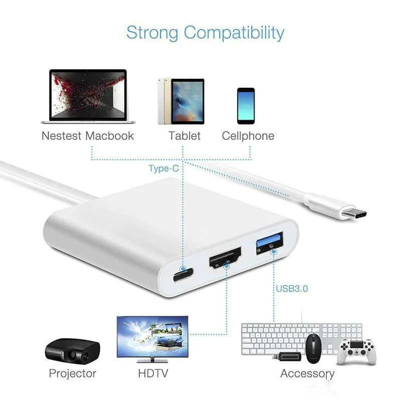 USB-C 3.1 Type-C vers 4K HD-Out Connecteurs 1080p Adaptateur multiport AV numérique OTG USB 3.0 HUB Chargeur pour Macbook 12"