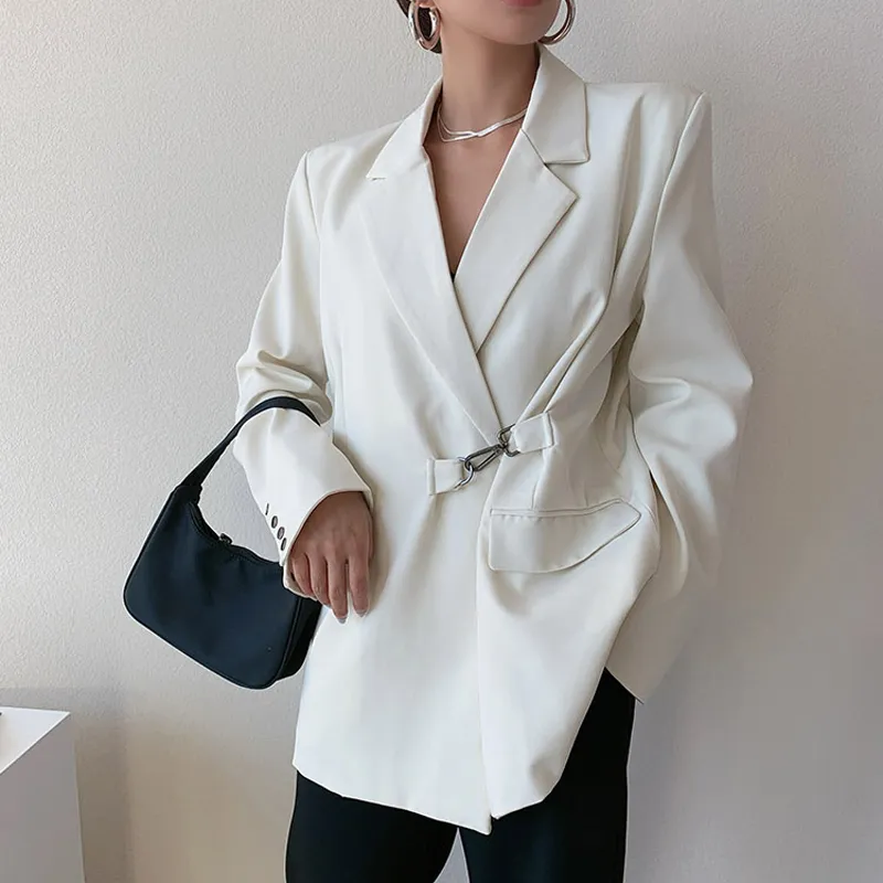 Femmes Solid Solid Elege Down Collor Spring Blazer Blumedy Lady Blanc Casual Casual Fashion Jacket Chic Streetwear 210517