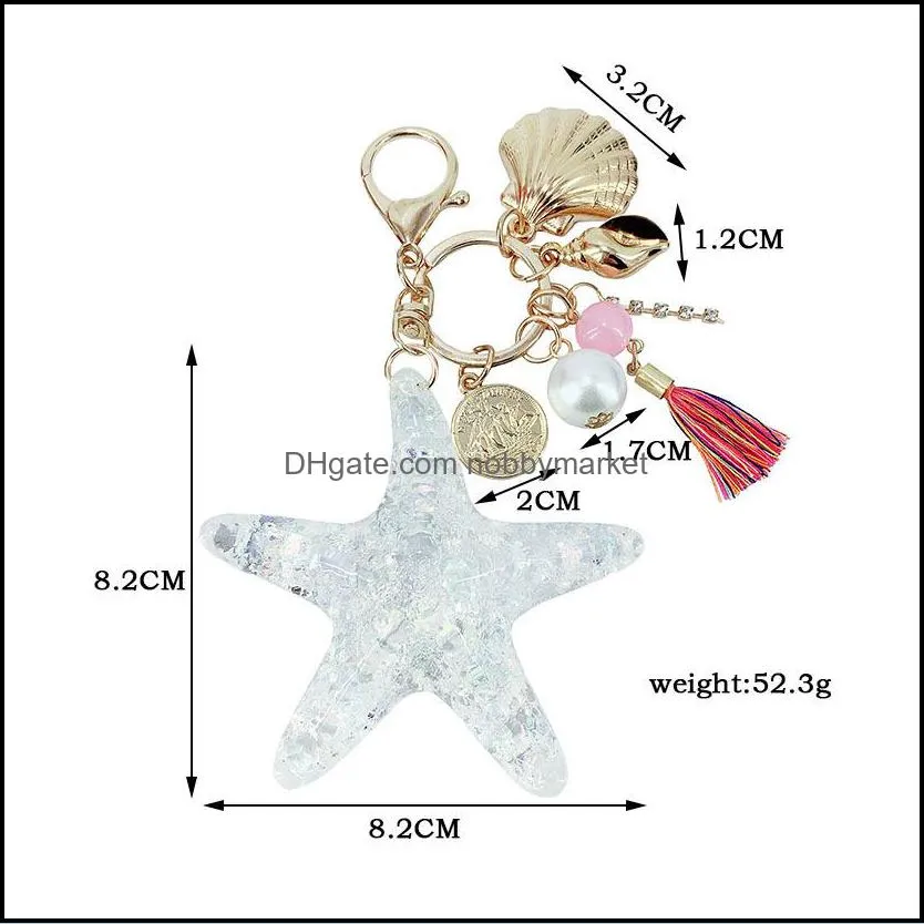 New Fantasy Cartoon Sea World Pearl Shell Starfish Keychain Pentagram Crystal Key chain Ladies Bag Car Key Alloy Pendant Jewelry Y0306