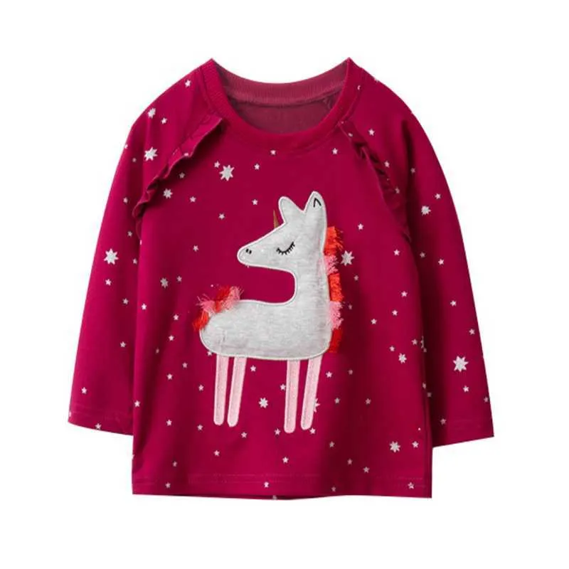 Jumping meters Animal Applique Cotton Children's T shirts for Girls Autumn Spring Arrival Kids Tees Blouses 210529