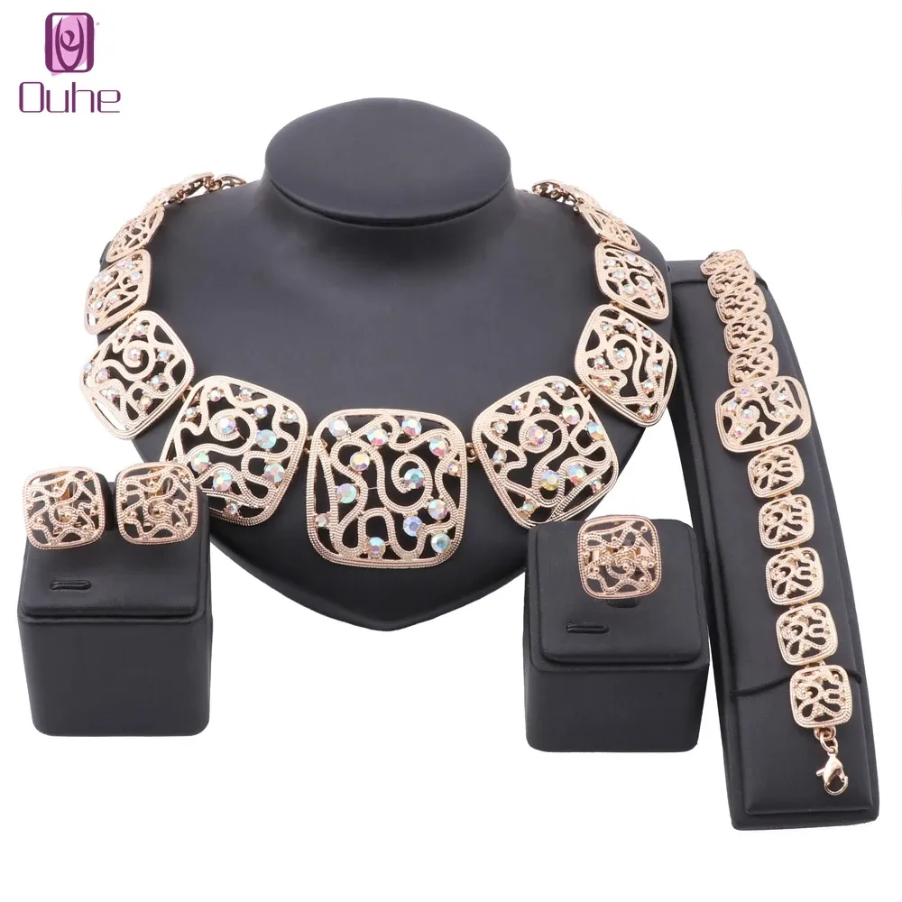 Dubai Gold Crystal Sieraden Nigeriaanse vierkante ketting armband oorbellen ring vrouwen Italiaanse bruidsjuwelen sets bruiloft accessoires