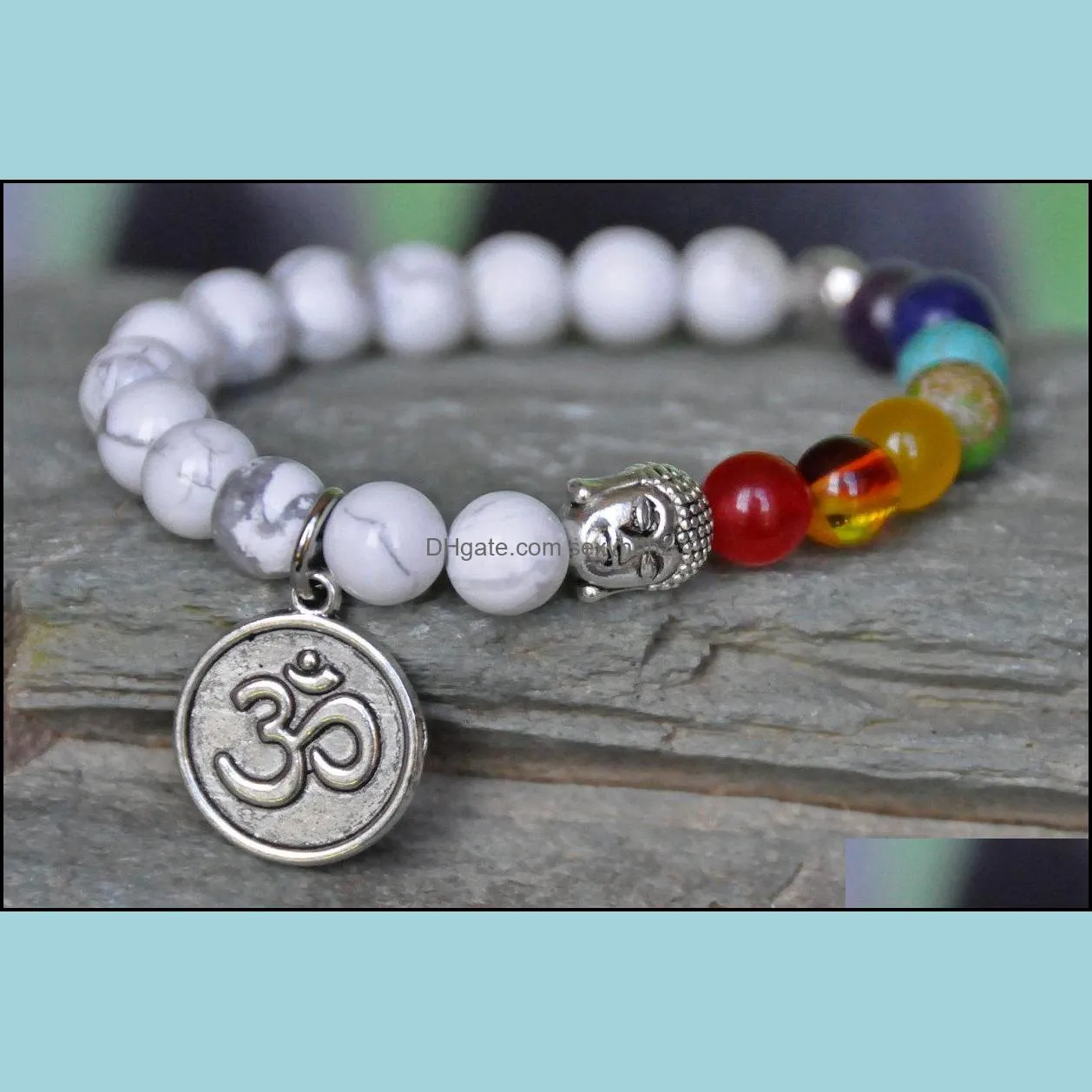 Buddha Bracelet,Lotus flower, Howlite Gemstone, wrist mala, 7 Chakra bracelet, , OM yoga ,mala prayer