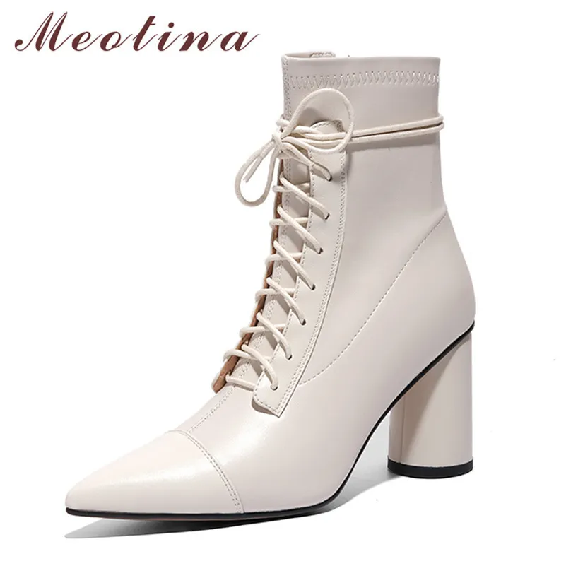 Meotina Real Leather High Heel Short Boots Women Shoes Pointed Toe Thick Heels Zipper Lace Up Ankle Boots Autumn Winter Beige 40 210520