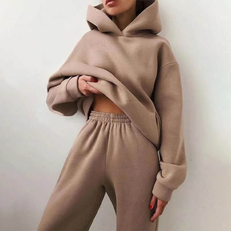 Women Tracksuits Elegant Solid Sets for Warm Hoodie Sweatshirts and Long Pant Fashion Two Piece Ladies Lace Up Sweatshirt Suits