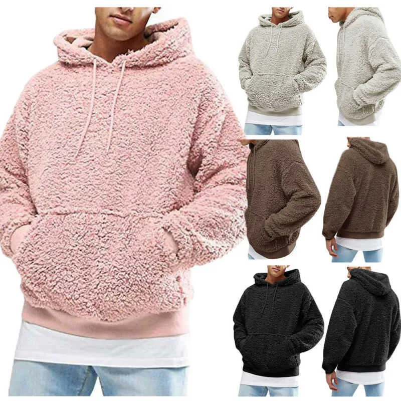 Winter Men Warm Faux Fur Teddy Bear Hoodie Hooded Sweatshirt Tops Pullover Casual Men Hooded Baggy Sweatshirt Coat Putwear Y0804