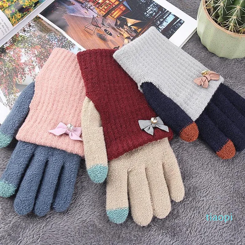 Fünf-Finger-Handschuhe für Damen, Winter, voller Finger, gestrickt, warm, mit Schleife, doppelschichtig, Touchscreen-Handschuh für Mädchen, Outdoor-Aktivitäten, Studieren