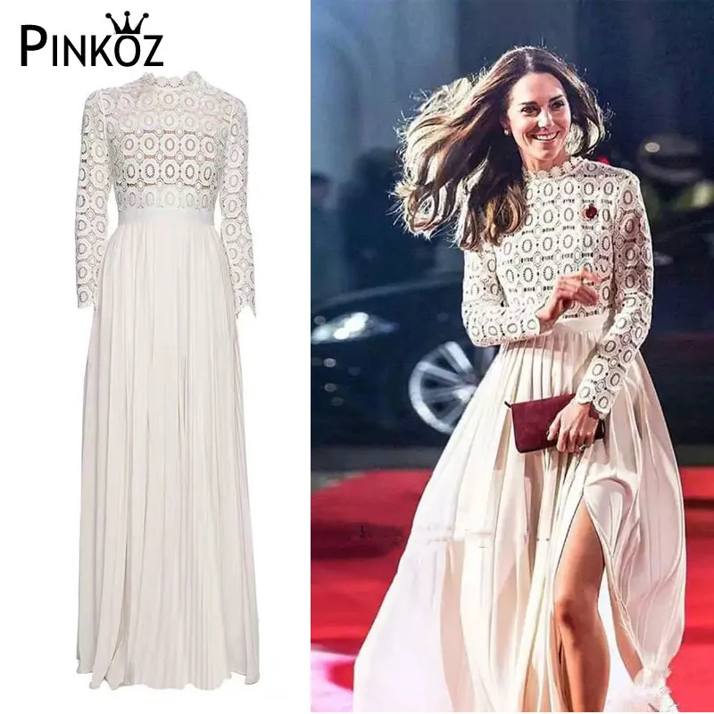 Kate Princess Celebrity Style Vestido largo Fiesta de boda blanca Noche de encaje plisado Hollow Out Elegante Maxi Vestidos 210421