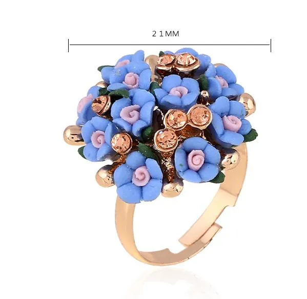 Verstellbarer Ring mit Blumenöffnung, modisch, weiblich, Strass-Kristall-Keramikringe, zufällige Mischungsfarbe