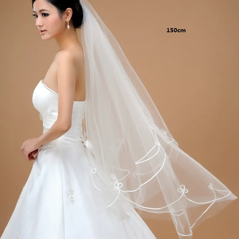 Elegant Tulle Ivory Wedding Veil With Ribbon Edge Elegant Tulle Ivory Wedding Veil With Ribbon Edge