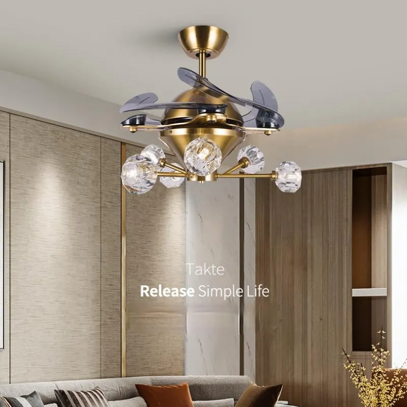 天井ファンノルディックゴールデンファンクリスタルシャンデリア雰囲気リビングルームの寝室サイレントライトリモコン