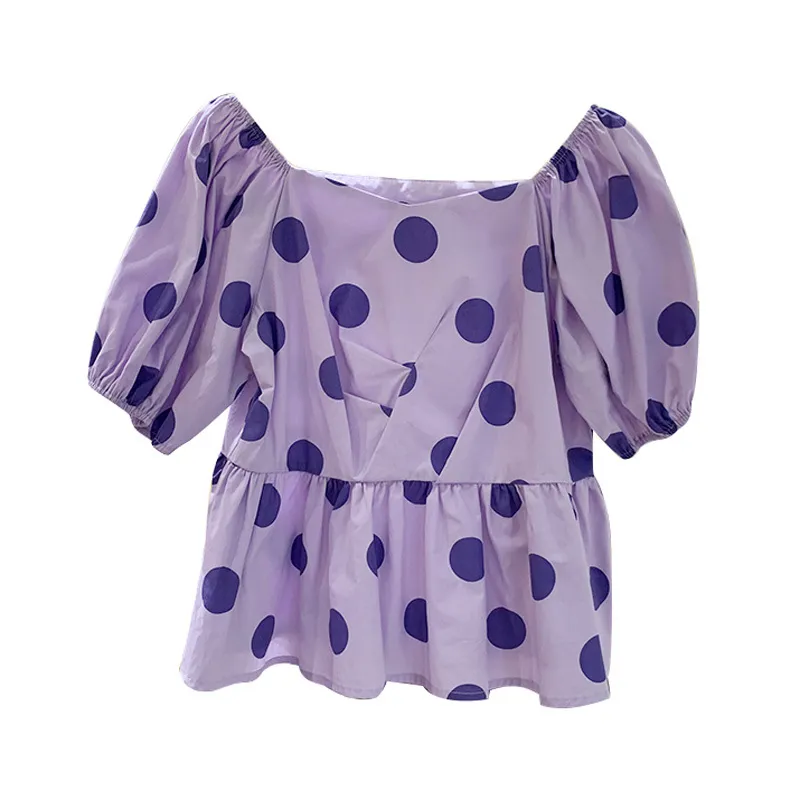 Женщины рубашка с коротким рукавом Слованная лета Slash шеи полька точка фиолетовый лавандер белый B0602 210514