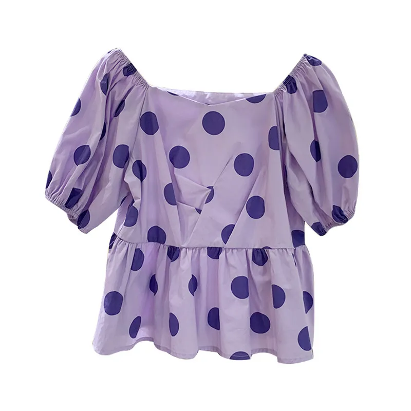 Chemise Femme Manches Courtes Puff Été Slash Neck Polka Dot Violet Lavande Blanc B0602 210514