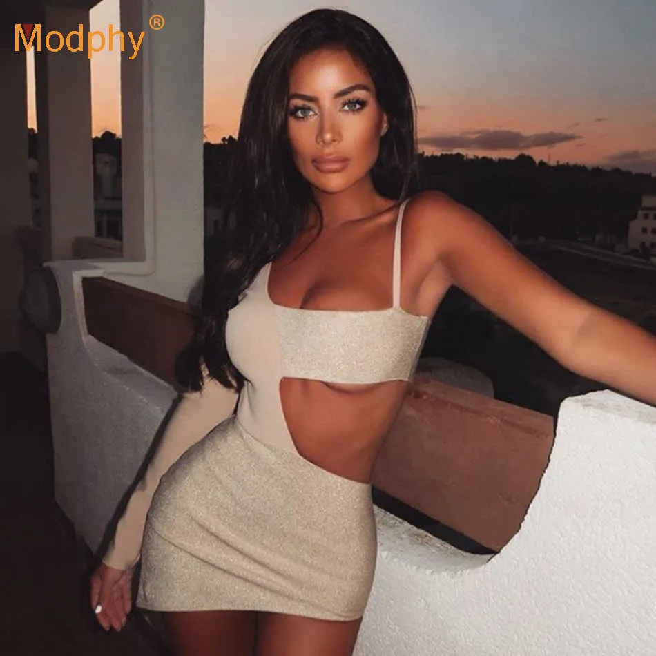 Spring Sexy One Shoulder Long Sleeve Backless Hollow Bodycon Bandage Dress Elegant Women's Club Evening Party Vestido 210527