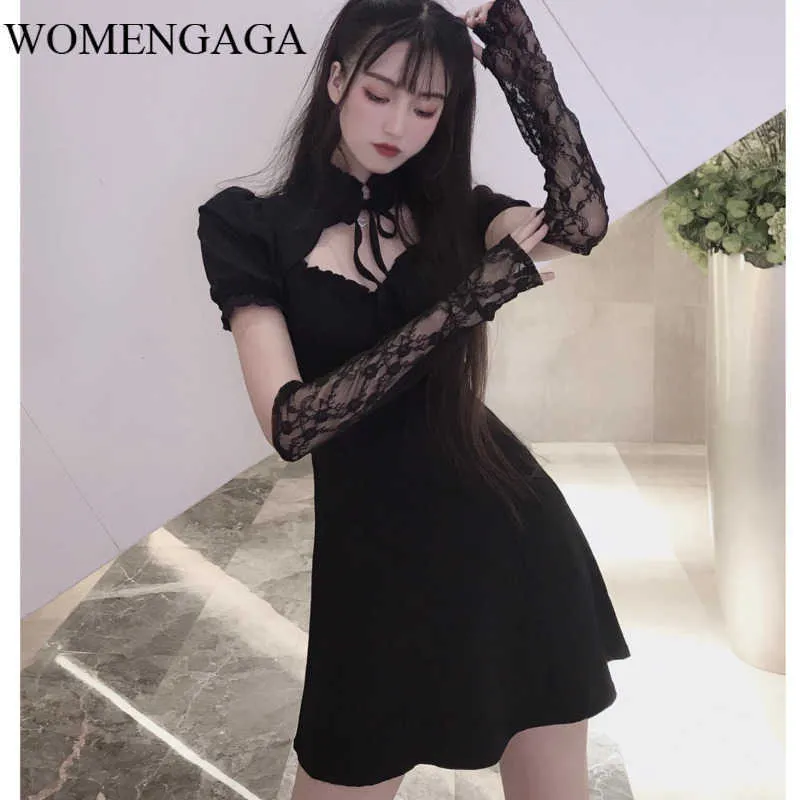 Womengaga Höst Sexig full ärm Bandage A-Line Små Black Lace Mesh Stand Collar Mini Dress Klänningar Haz2 210603