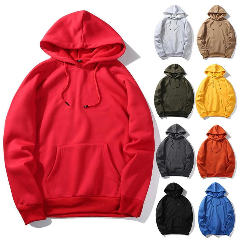 Solid Color Mens Hoodies Hooded Sweatshirts Autumn Winter Fleece Warm Red Hoodies 100% Polyester High Quality Top Thick 201020