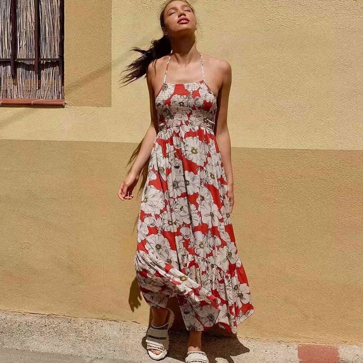 Jastie Heatwave Printed Maxi Dress Women Crisscross Straps Square Neck Sleeveless Summer Dresses Boho Casual Beach Sundress 210419