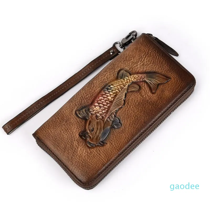 Designer-Portefeuilles Nesitu Highend Vintage Belle Noir Rouge Café Poisson Modèle En Cuir Véritable Femmes Portefeuille Téléphone Pochette Sac À Main