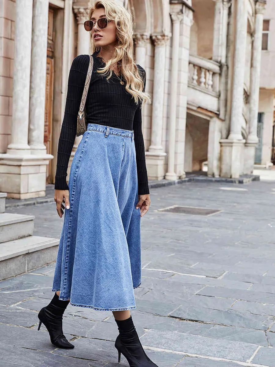 Zipper Back Denim Skirt Women Autumn Winter Elegant High