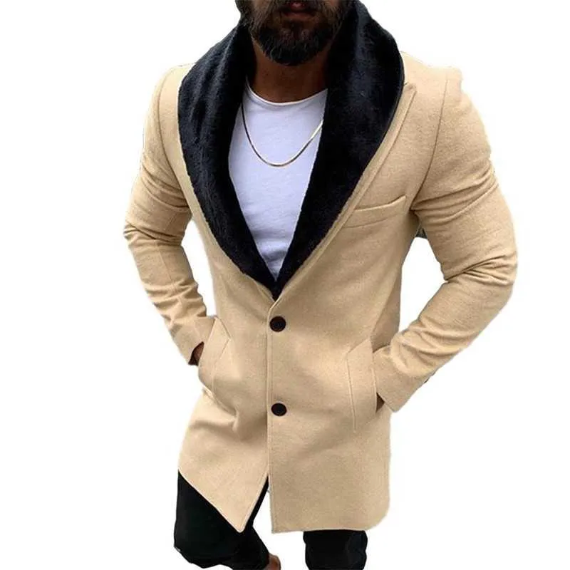 Mens Trench Fur Turn-down Collar Long Overcoat Winter Windbreak Jackets Casual Solid Colour Outerwear Fashion Woolen Coat 211011
