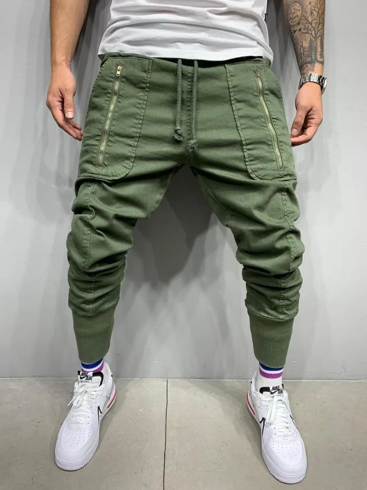 Multi-pocket Cargo Pants Men's Zipper Harem Green Men Drawstring Jogging Stretch Pencil Streetwear