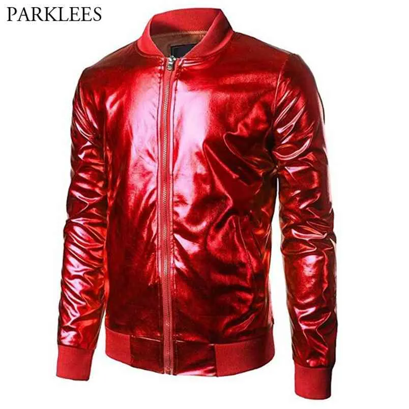 Red Metallic Glitter Bomber Jackets Men Women Zipper Front Shiny