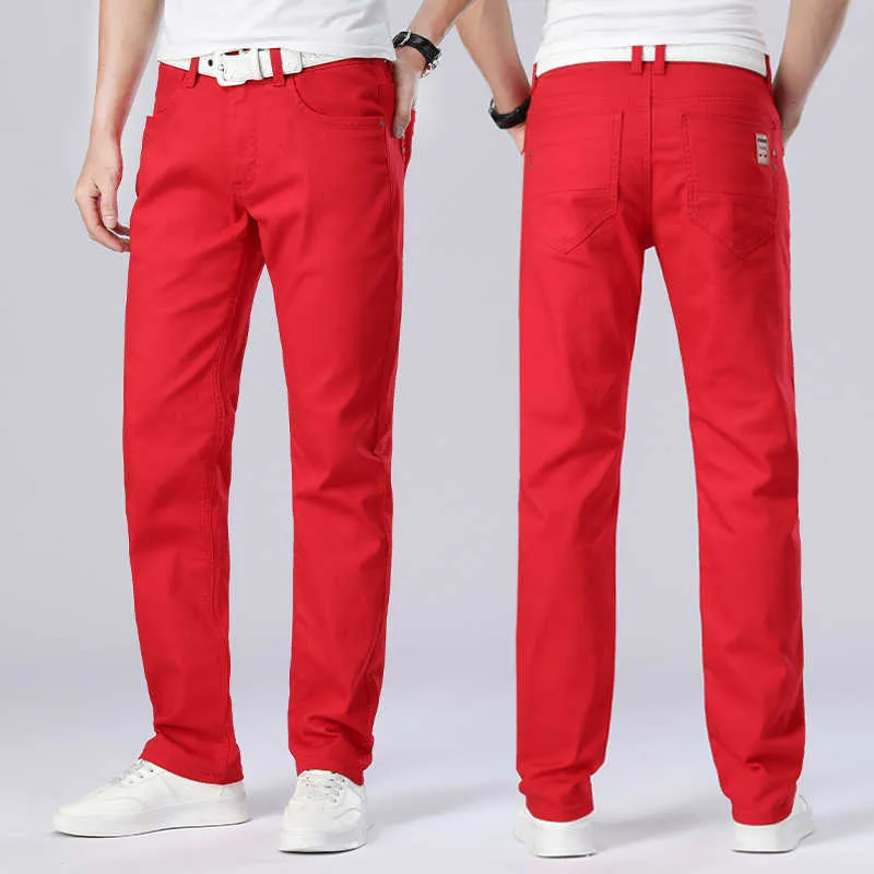 Jeans For Men Straight Trousers Male High Quality Red Slim Fit Sweatpants Denim Designer Casual Biker Pants Pantalon Hombre X0621