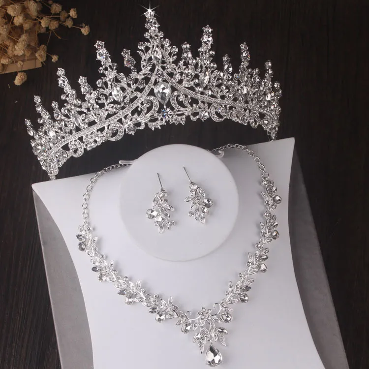 Luksusowy Srebrny Kolor Kryształ Liście Zestawy Bridal Barok Tiaras Korony Kolczyki Choker Necklace Wedding Dubai Biżuteria Zestaw