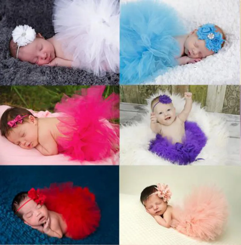 Dziewczynka Ubrania Tutu Spódnica Kwiat Dziewczyny Tulle Tutu Spódnice Pałąk 2 sztuk Zestaw Newborn Photo Prop Stroje Fotografia Rekwizyty 18 Kolory DW5605