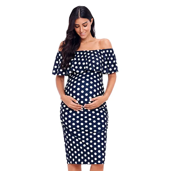 Polka Dot Ruffles Sukienki macierzyńskie Off Ramię Ciąże Sukienki Wzburzyć Ramię Kobiety Bodycon Sukienka Letnia Ciężarowa Q0713