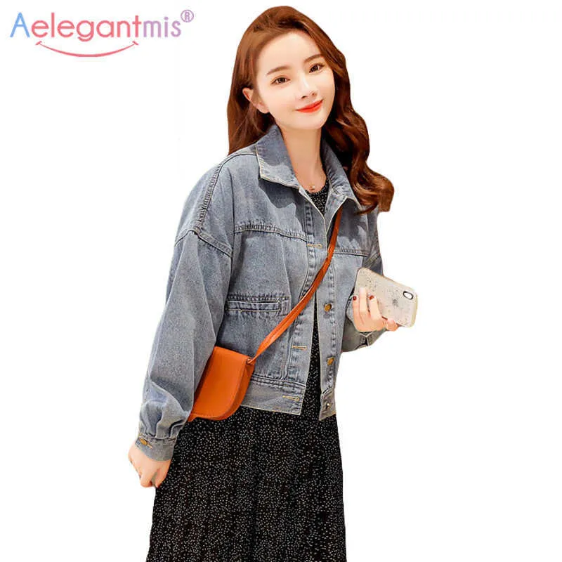 Aelegantmis Autunno Corto Donne Giacca di Jeans Risvolto Retro Allentato Manica Lunga Femminile Jeans Giacche Casual Signore Cappotto Outwear 210607