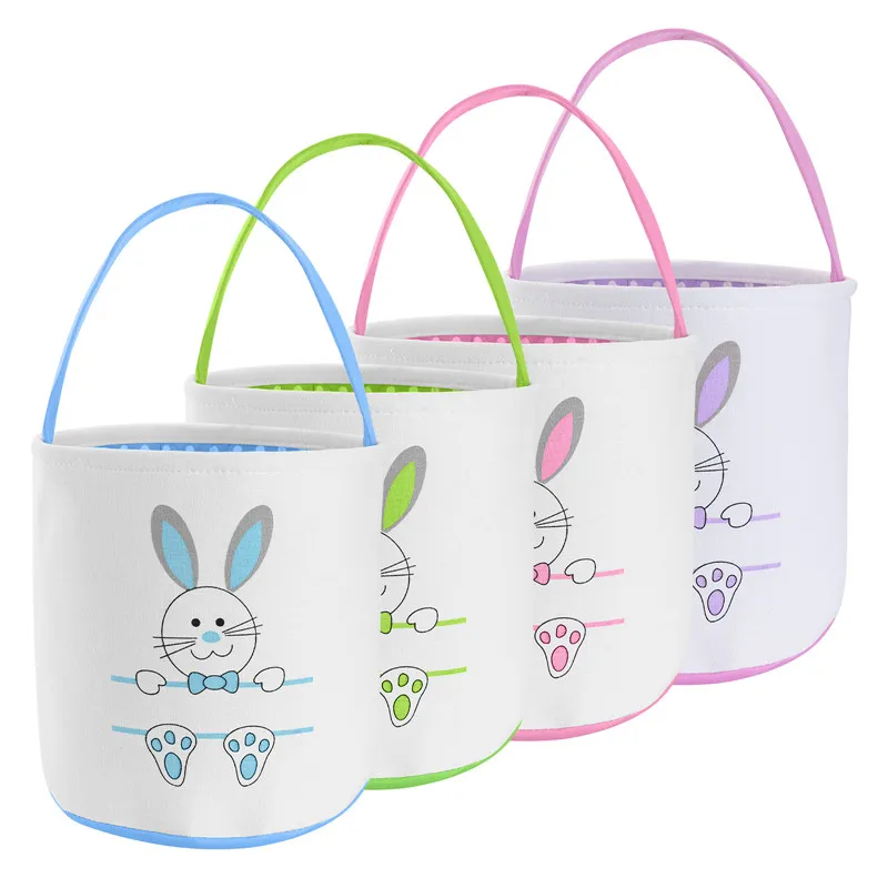 2022 Party Bunny Face Printed Bucket Easter Rabbit Basket Easters Egg Hunt Baskets With Handle Fluffy Plush Tail Tote Bag