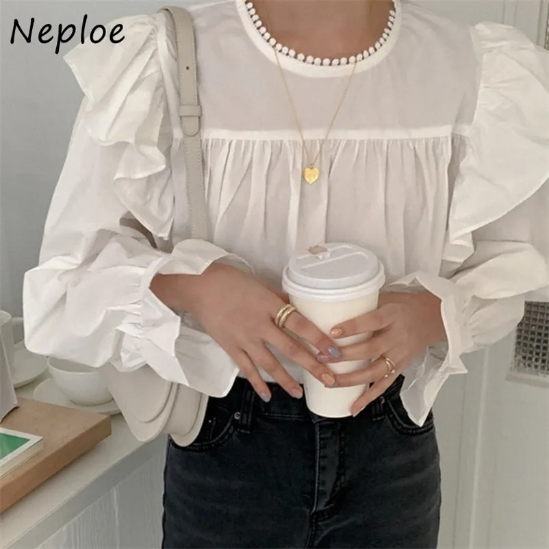 O Neck Flare Long Sleeve Pullover Blouse Women Work Style Ol Ruffles Blusas Spring Solid Shirt Feminino Wild 210422