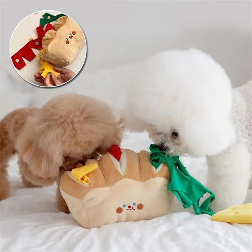 Fleece Dog Wąchanie Zabawki Puzzle Trening Zabawki Śliczne Chleb Tosty Kształt Pet Produkt dla małych średnich Soft Soft Puppy Akcesoria 211111