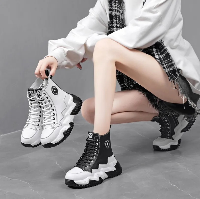 Klassiska kvinnors stickade mid-toppe casual stövlar skor sneaker damplattform klänning vandrande tränare snörning stövel sneakers chaussures 35-40