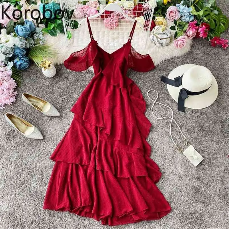 Korobov Bohemian Tatil Plaj Tarzı Uzun Camis Elbise Seksi Kapalı Omuz Ruffles Nokta Kek Vestido Uzun Zarif Ropa 2A743 210430