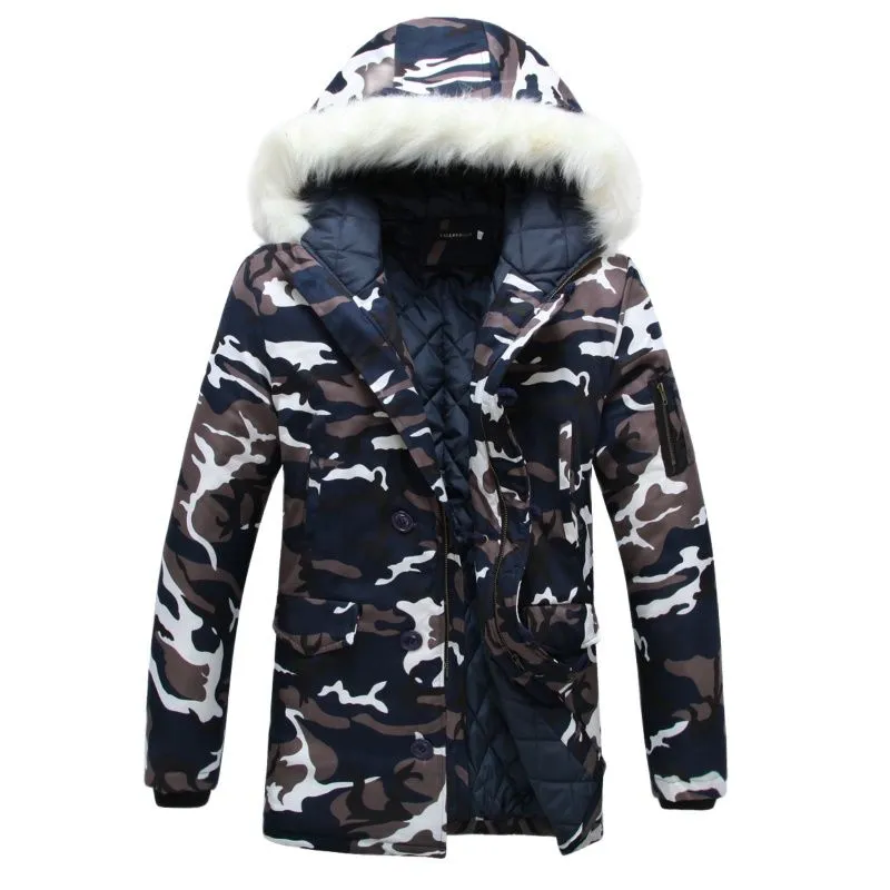 Försäljningsdesigners vinter huva sammet menss parka jacka vindbrytare kamouflage tjock vindtät kappa mens varma män medellånga militärpark