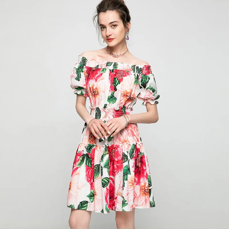 Women's Runway Dresses Slash Neckline Short Sleeves Floral Printed Tiered Elastic Waist Fashion Dress