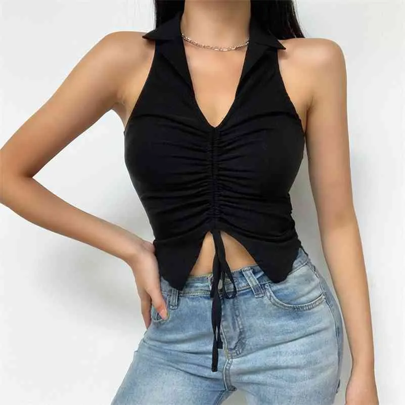 Djup V-Neck Sexig Ärmlös Tank Topp Kvinnor Sommarväxter Ruched Drawstring Black Fashion Skinny Elastic Streetwear 210518