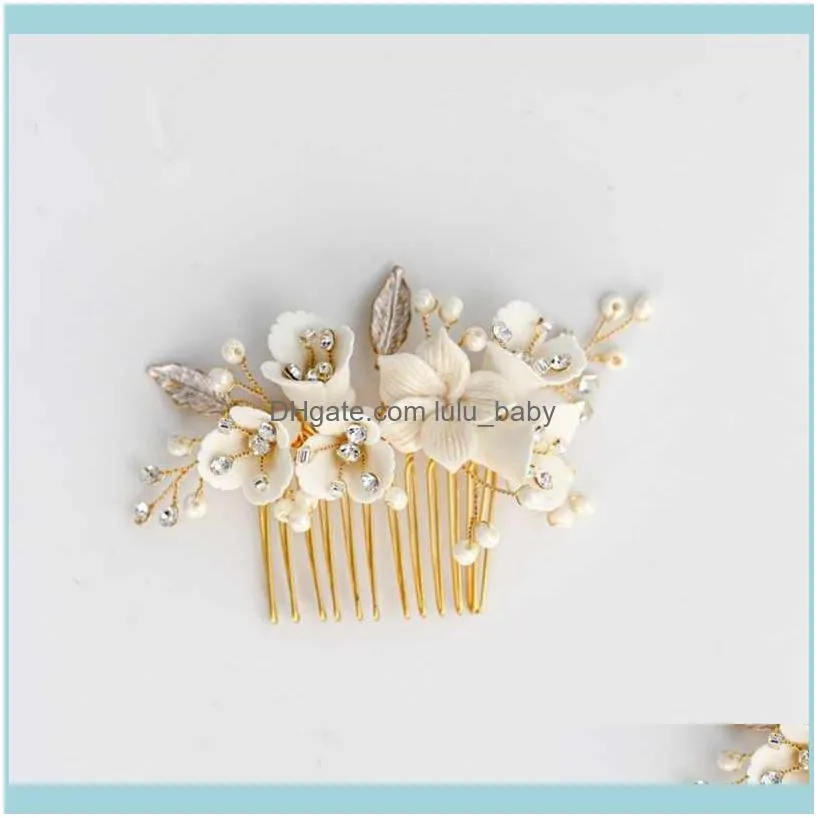 Gold Silver Color Porcelain Flower Bridal Small Comb Pearls Jewelry Handmade Women Wedding Prom Hair Piece Accessories