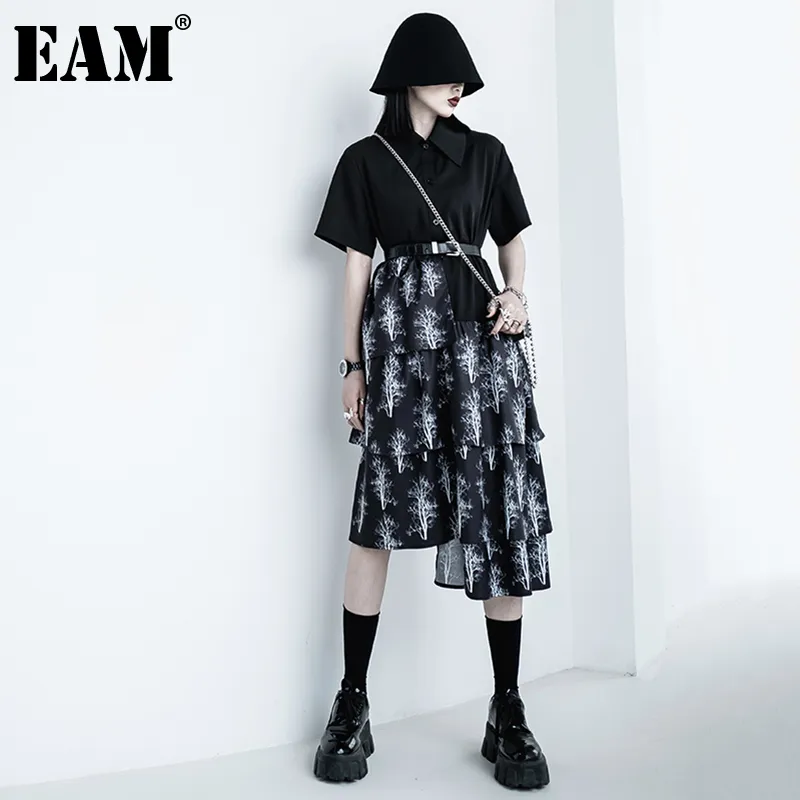 [EAM] femmes noir épissé imprimé volants robe asymétrique revers manches courtes coupe ample mode printemps été 1DD7959 21512