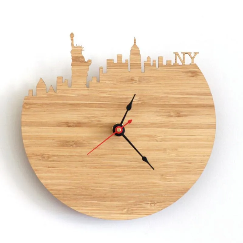 Relojes de pared Bambú natural York Reloj Skyline Diseño Reloj Memorial Pografía Decoración Ciudad moderna