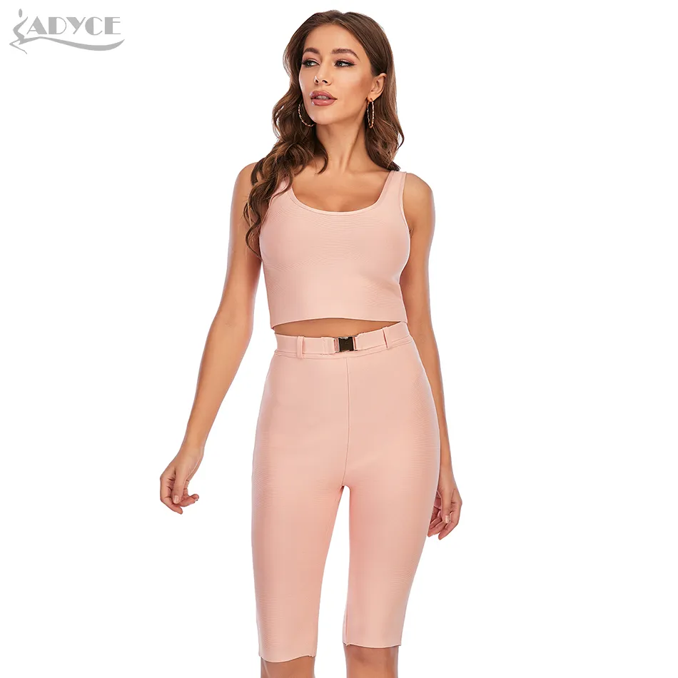 Summer Women Nude Bandage 2 Two Pieces Sets Sleeveless Short Tops& Pants Club Celebrity Runway Party Casual 210423