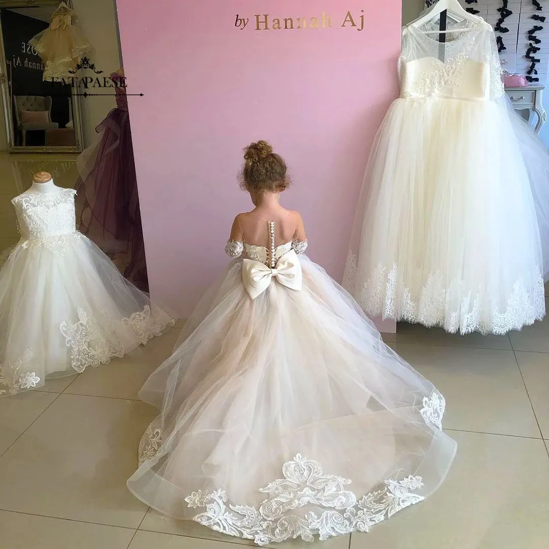 Prinses Baljurk Kant Tule Doopjurken Sheer Lange Mouwen Applicaties Strik Terug Bloemenmeisje Jurk Formele Kinderen Occasion Wear213N