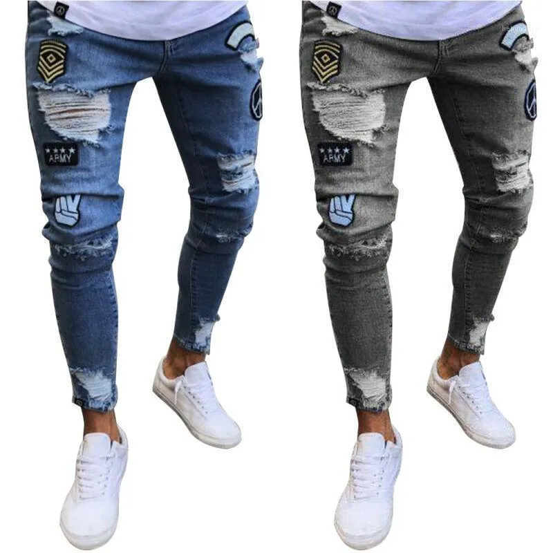 Jeans masculinos homens magro aptidão fitness esticar jeans lápis calças moda botões impresso zíper homens casuais calças magros casuais